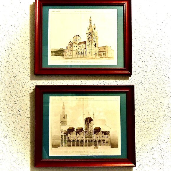 2 Framed ANTIQUE FRENCH ARCHITECTURE PRINTS ChurchSaint Genest-Lerp Loire Valley - Picture 1 of 9